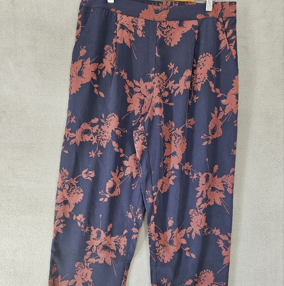 Skies Are Blue Boho Plazzo Trousers Pants Floral High-Rise Navy Burgundy Large